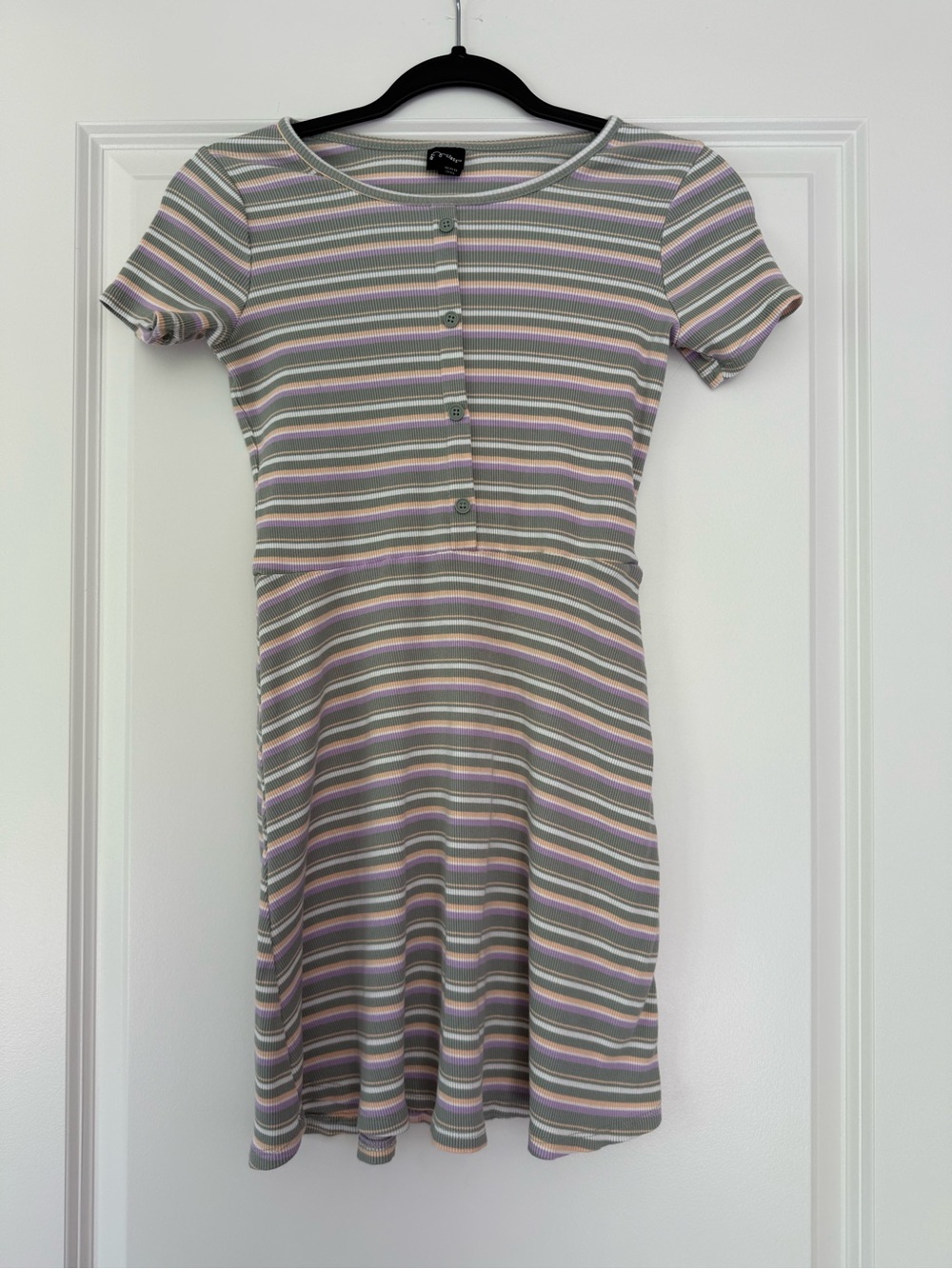 art class Striped Short-Sleeve Mini Dress in Sage, Pink, Cream, and Gray